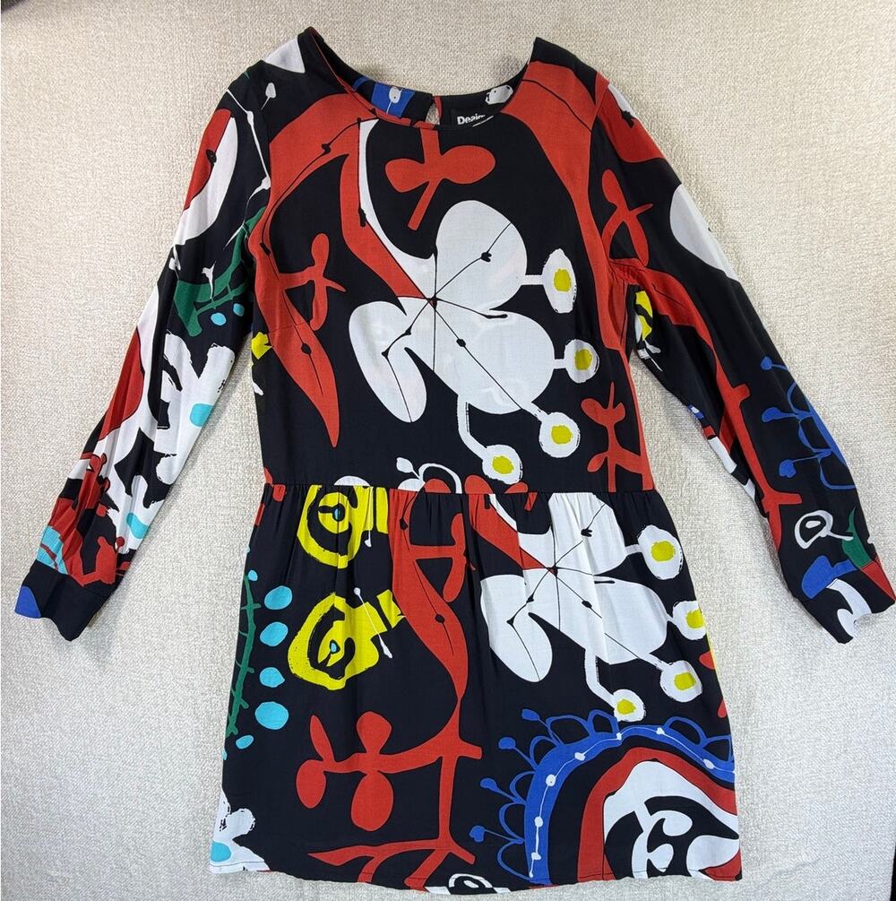 Desigual Women 44 Red Abstract V Neck Long Sleeve Knee Length Babydoll Dress